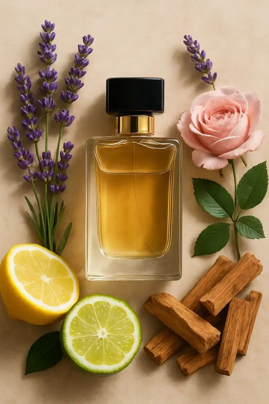 Luxury perfume bottle surrounded by lavender, rose, lemon, lime, and sandalwood representing fragrance families.