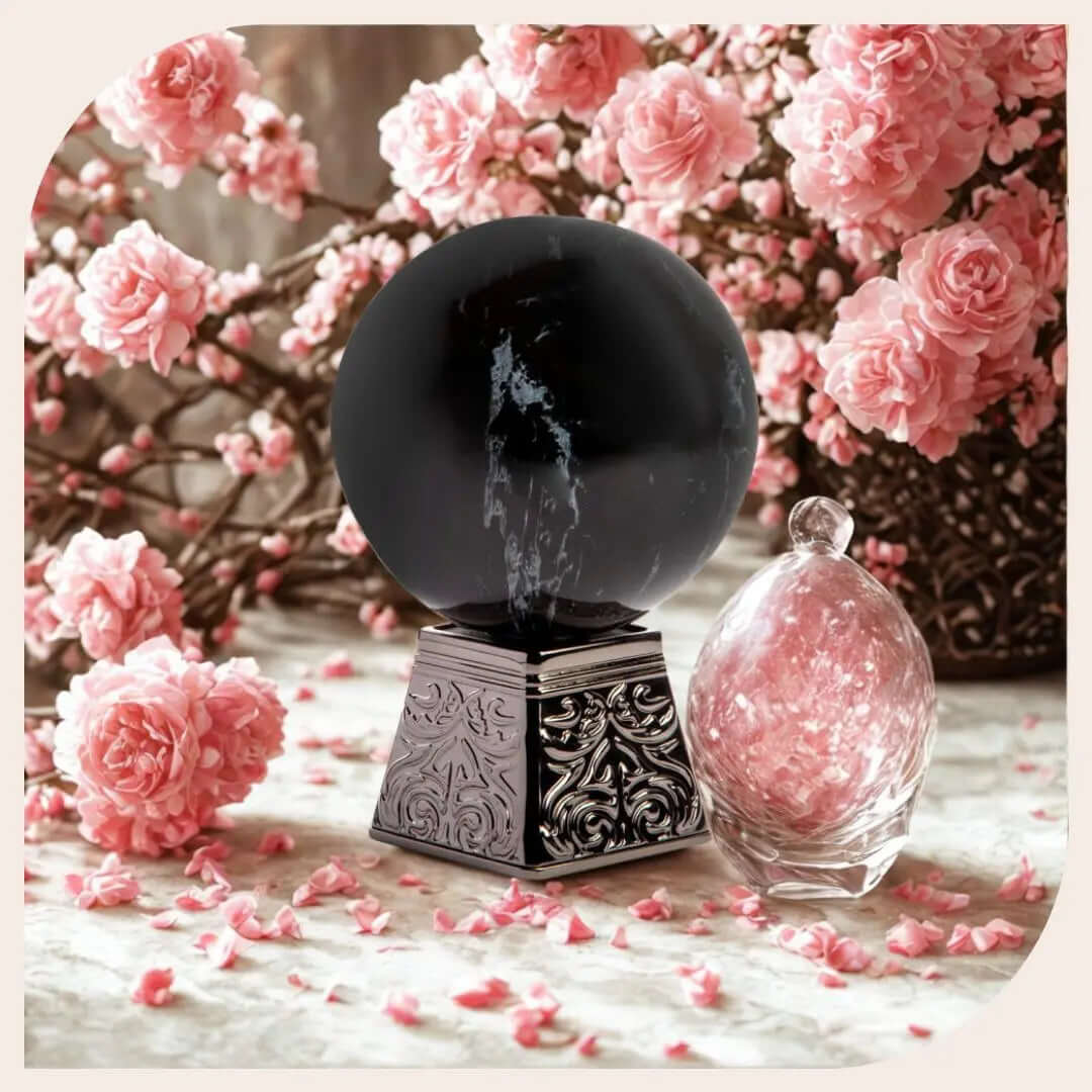 Black Obsidian perfume bottle by Aurora Scents on dark textured surface; Men’s luxury leather and amber fragrance – Black Obsidian; Aurora Scents bold men’s Eau de Parfum with patchouli and moss
