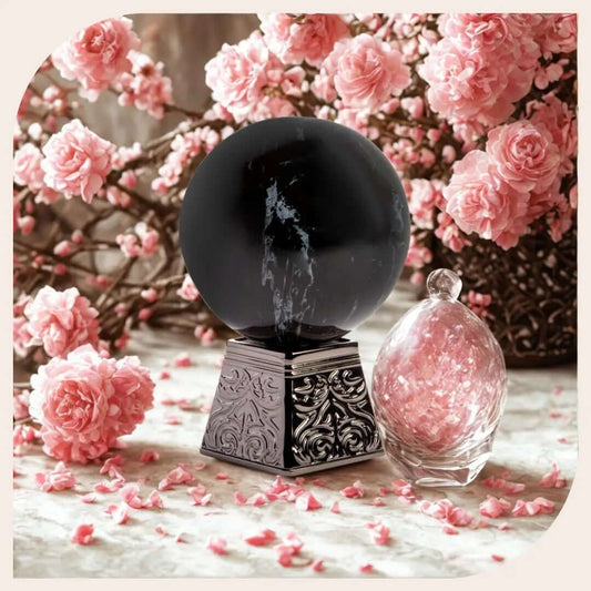 Black Obsidian perfume bottle by Aurora Scents on dark textured surface; Men’s luxury leather and amber fragrance – Black Obsidian; Aurora Scents bold men’s Eau de Parfum with patchouli and moss