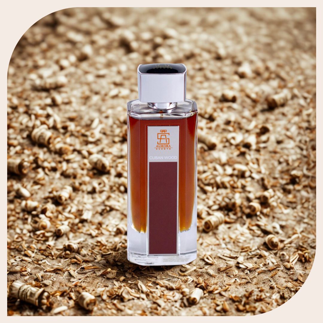 Cuban Wood perfume bottle by Aurora Scents on dark wood background. Luxury smoky perfume for men