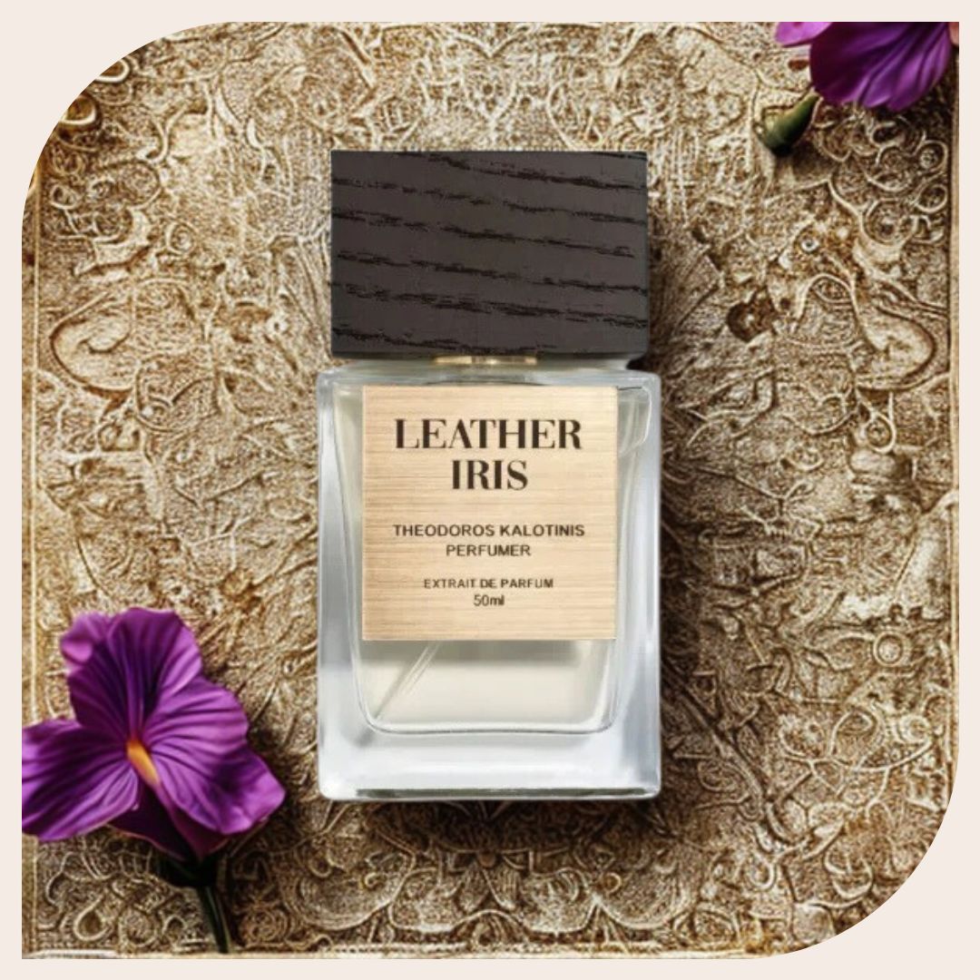 Bottle of Leather Iris by Theodoros Kalotinis – unisex leather and iris fragrance with a soft yet bold scent profile