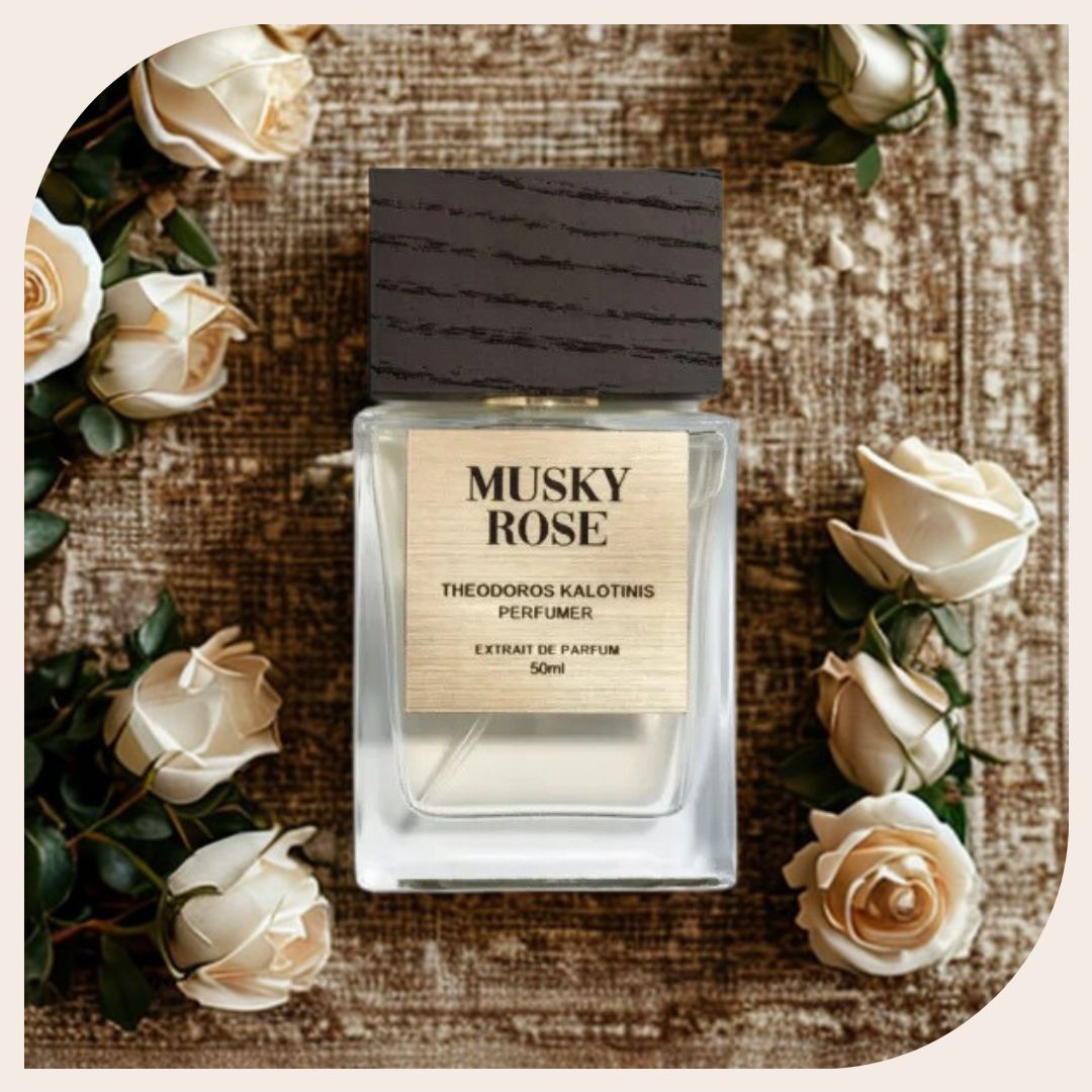 Bottle of Musky Rose by Theodoros Kalotinis – floral musk perfume with Rose de Mai, tuberose, musk, olive wood, and benzoin
