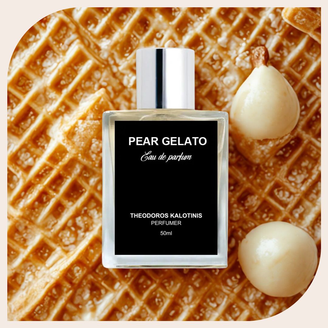 Niche perfume with pear, whipped cream, and vanilla notes, Pear Gelato by Theodoros Kalotis- a niche Gourmand Perfume.