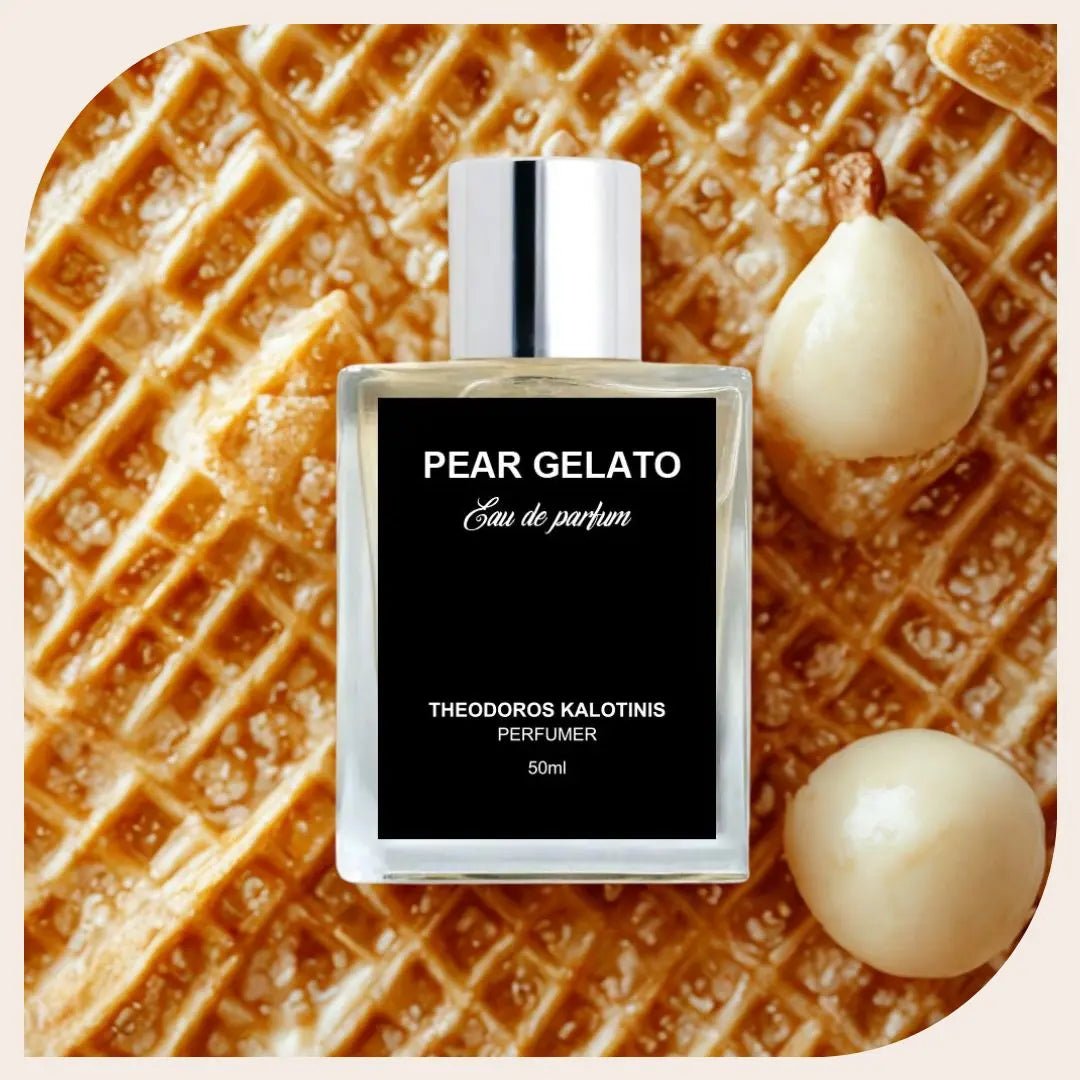 Niche perfume with pear, whipped cream, and vanilla notes, Pear Gelato by Theodoros Kalotis- a niche Gourmand Perfume.