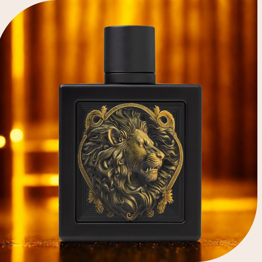 RAYHAAN LION perfume bottle for men; bold and spicy men’s Eau de Parfum; luxury men’s fragrance with woody notes; spicy woody niche perfume for men
