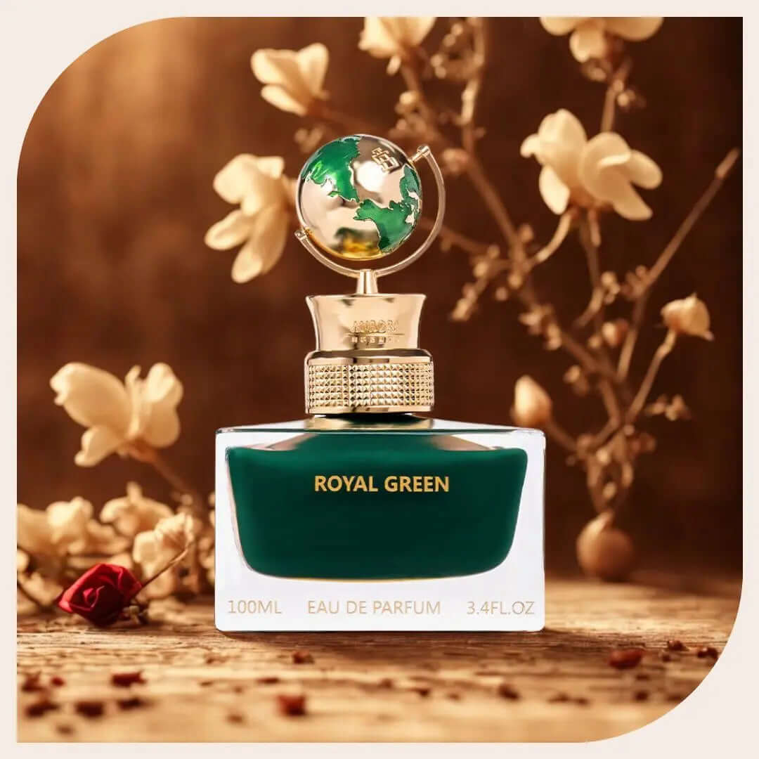Royal Green perfume bottle by Aurora Scents with globe-shaped design; Luxury rose and saffron unisex fragrance by Aurora Scents; Aurora Scents Royal Green niche perfume bottle with gold detailing; Royal Green Perfume Bottle by Aurora Scents, Niche Amber Scent for Unisex – Aurora Scents India