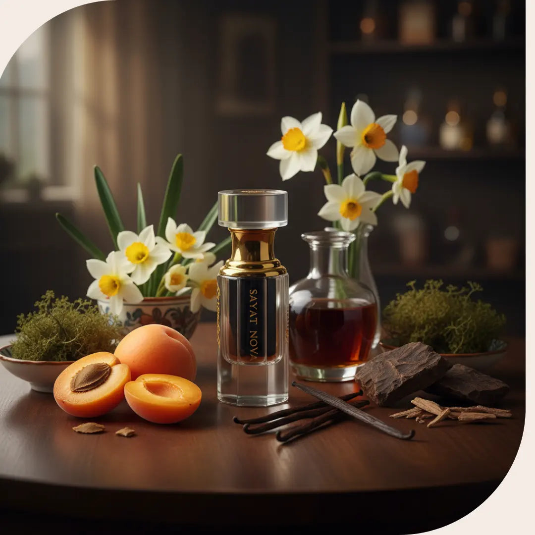 Sayat Nova Attar bottle displayed with fresh apricots, narcissus flowers, a decanter of rum, vanilla beans, oud wood, and oakmoss on a wooden table.