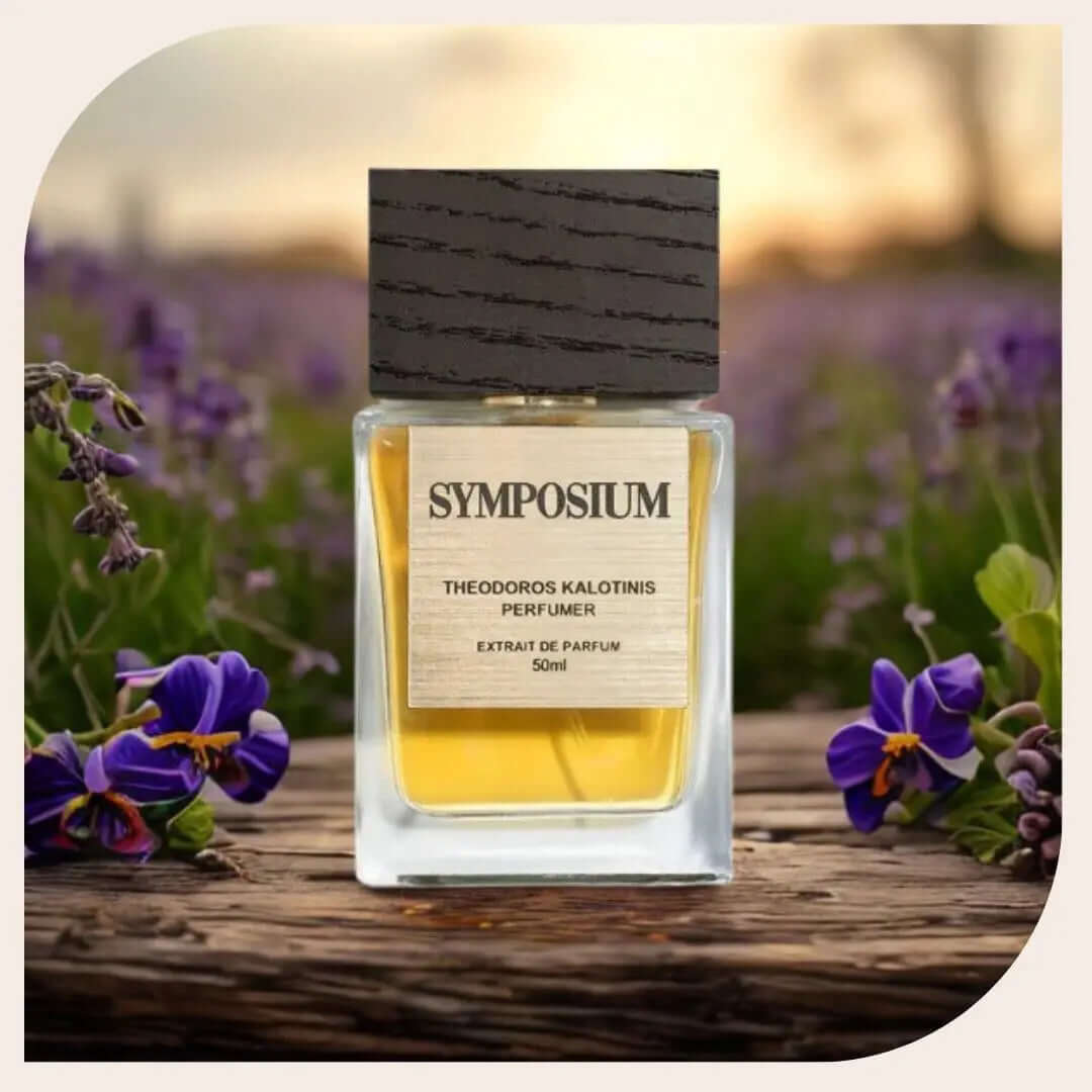 Detailed view of Theodoros Kalotinis Symposium perfume label – extrait de parfum for men and women