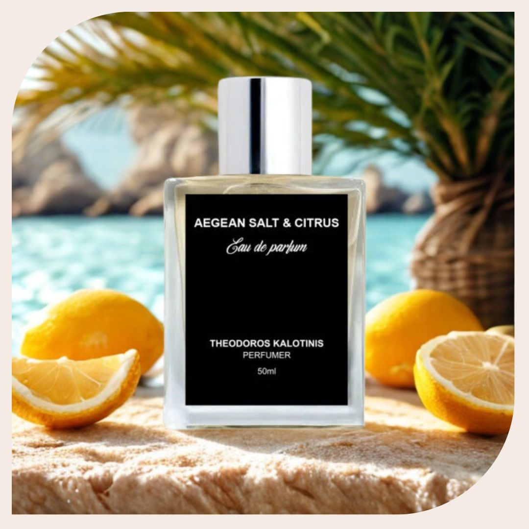 Bottle of Aegean Salt & Citrus Eau de Parfum by Theodoros Kalotinis, placed on marble background, Niche perfume with the notes of Lemon, Grapefruit and Salt,