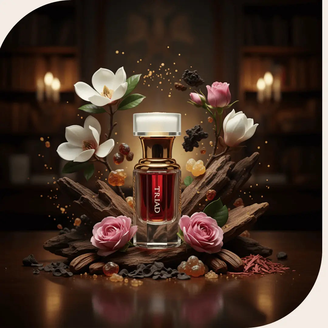 Triad Attar bottle surrounded by magnolia flowers, roses, wild oud wood, resin, tonka beans, and hyraceum in a luxurious setting.