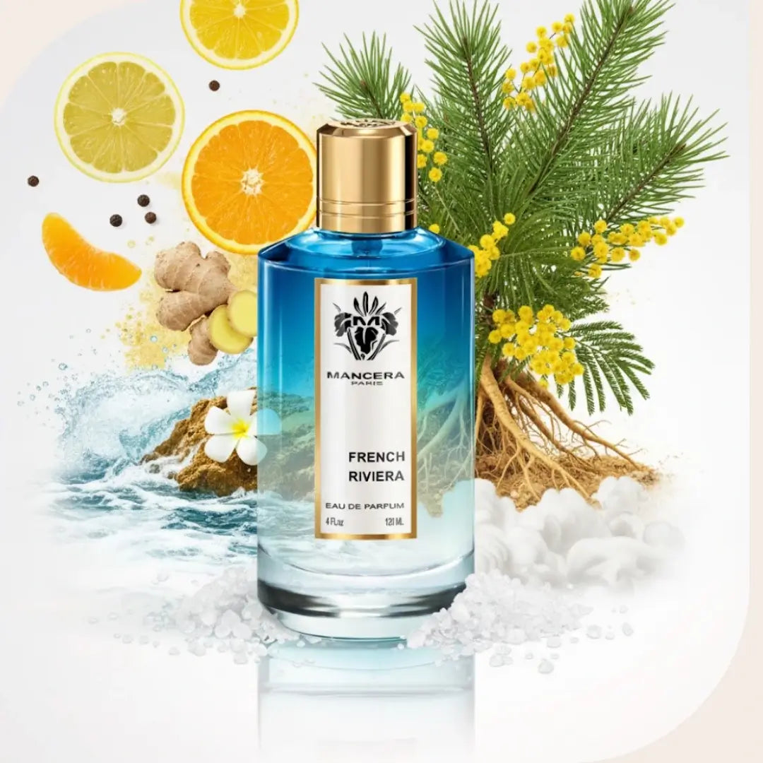 French Riviera Mancera perfume bottle with citrus fruits, ginger, sea notes, pine and mimosa representing the fragrance notes.