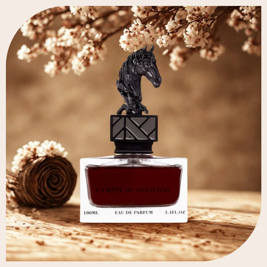 La Bête de Gevaudan perfume bottle by Aurora Scents with cosmic-themed background; Celestial Collection fragrance featuring amber, musk, and floral notes; Mystical niche fragrance bottle – La Bête de Gevaudan by Aurora Scents