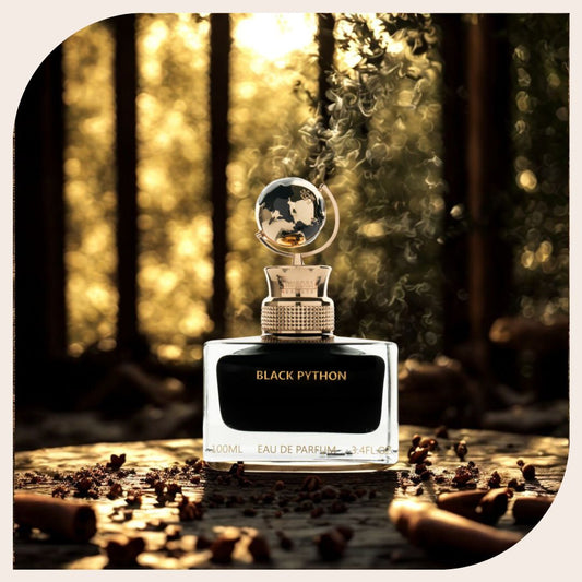 Unisex oud and amber fragrance with spicy cinnamon and frankincense; Aurora Scents Black Python with rich textures and ingredients; Luxury Indian niche fragrance bottle - Black Python