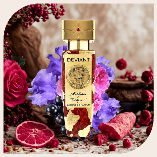 Deviant by Wesker perfume bottle front view – niche oud perfume India, Luxury unisex perfume Deviant by Wesker with leather and raspberry notes, Perfume flat lay – Deviant by Wesker with ingredients like rose, vanilla, and oud