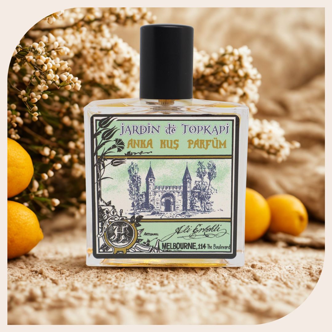 Elegant bottle of Jardin De Topkapi – Anka Kuş Parfum with gold detailing and oriental design