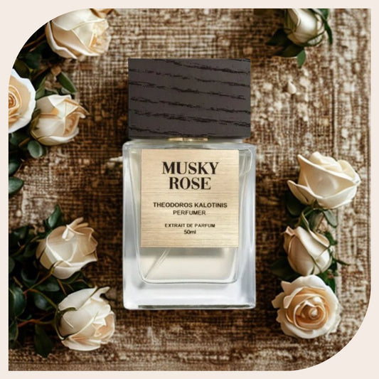 Bottle of Musky Rose by Theodoros Kalotinis – floral musk perfume with Rose de Mai, tuberose, musk, olive wood, and benzoin
