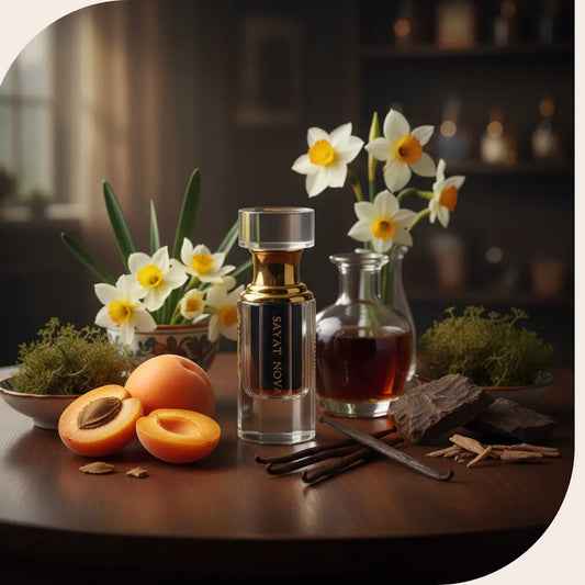 Sayat Nova Attar bottle displayed with fresh apricots, narcissus flowers, a decanter of rum, vanilla beans, oud wood, and oakmoss on a wooden table.