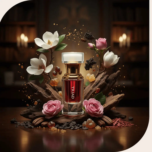 Triad Attar bottle surrounded by magnolia flowers, roses, wild oud wood, resin, tonka beans, and hyraceum in a luxurious setting.