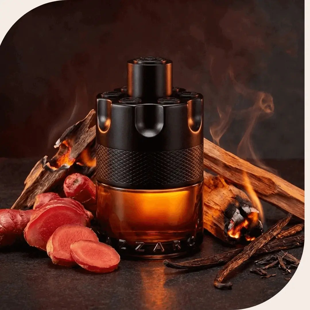 Azzaro The Most Wanted Parfum bottle displayed with key ingredients red ginger, incandescent woods, and bourbon vanilla pods.