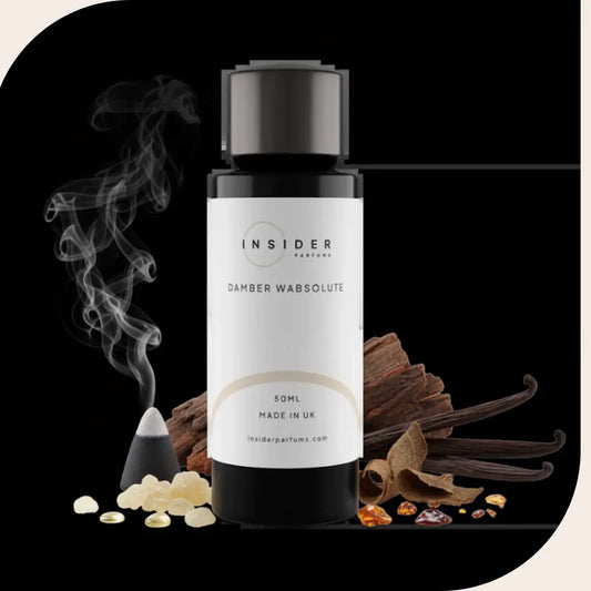 Damber Wabsolute Perfume by Insider Parfums bottle with incense smoke, vanilla beans, resin, and amber, luxury unisex fragrance available in India.