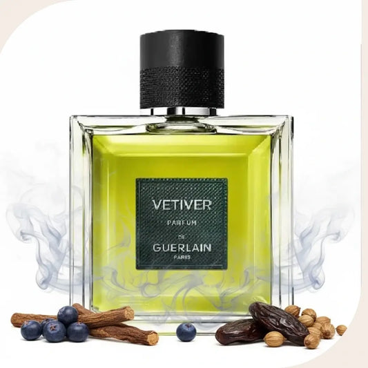 Guerlain Vetiver Parfum 100ml Tester bottle with smoky vetiver, juniper berries and tonka beans displayed