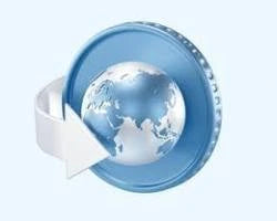 Blue circular icon with a white arrow and a globe inside on a white background