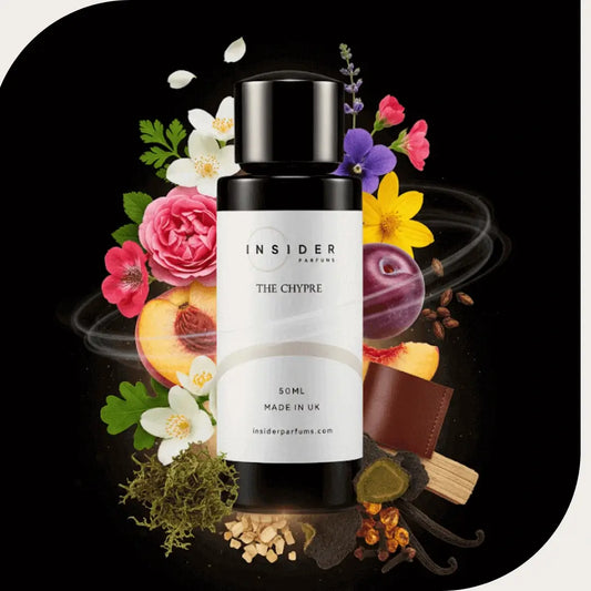 Insider Parfums The Chypre perfume bottle with colorful flowers, fruit, spices, and woody elements displayed around it on a black background.