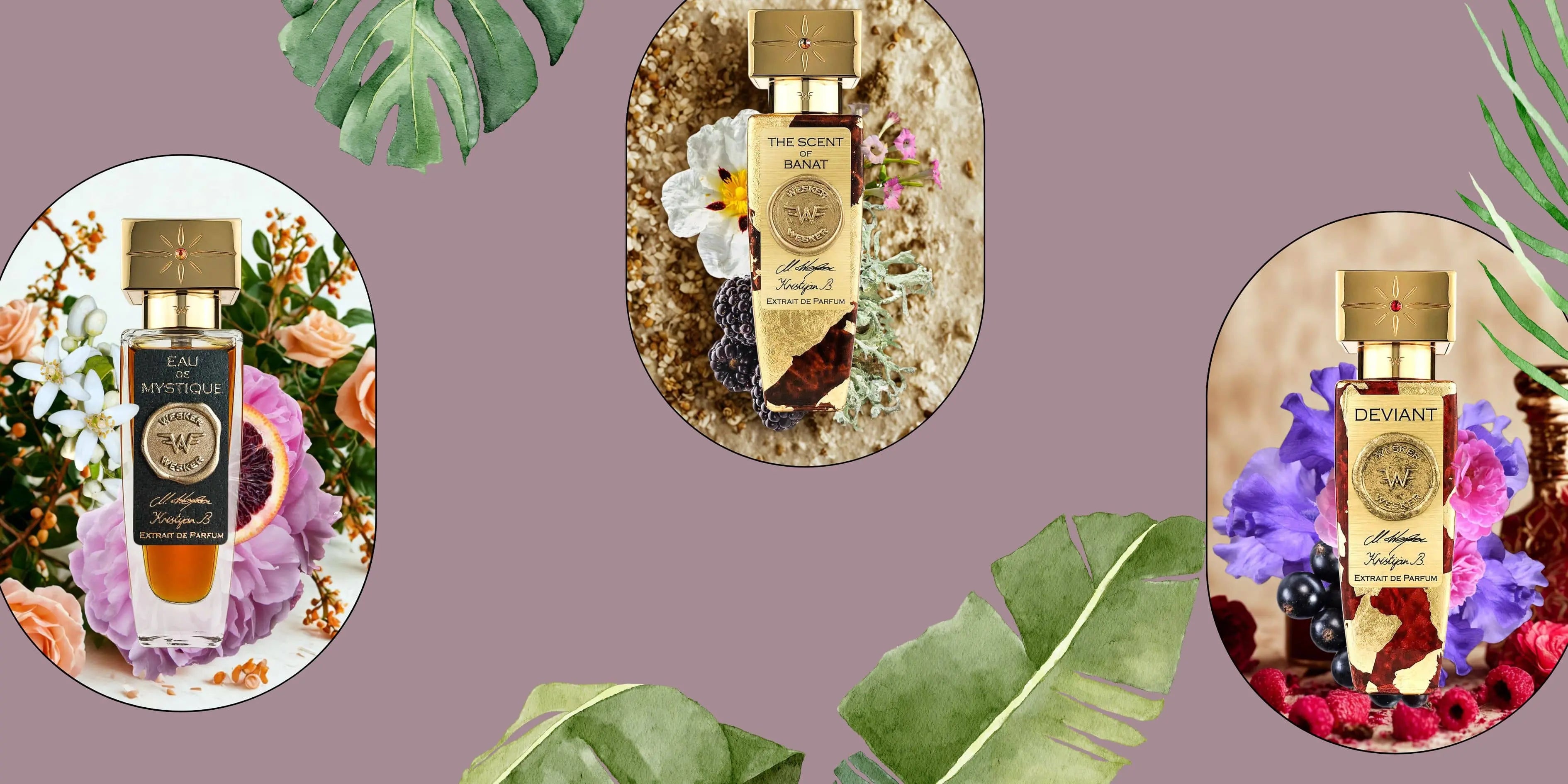 Three Wesker perfume bottles—Eau de Mystique, The Scent of Banat, and Deviant—displayed with vibrant floral and fruit-themed backgrounds, surrounded by green leaf accents.